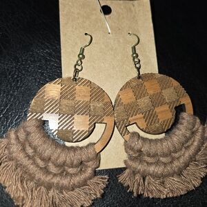 Brown Fringe Earrings with Circular Pendants